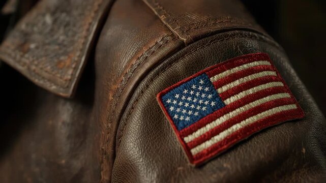 American Flag Patch on Military Uniform Jacket Sleeve Close Up