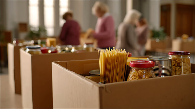 Boxes filled with assorted non-perishable food items, including pasta, canned goods, and jars, ready for distribution or charity