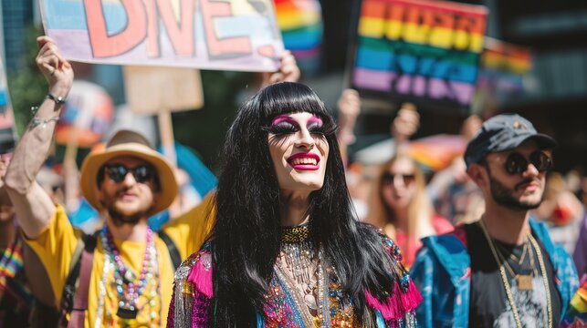 A beautiful drag queen in a decorative outfit smiles among people holding rainbow flags and signs. Concept of human rights, self-expression, love, and LGBTQ+ visibility.
