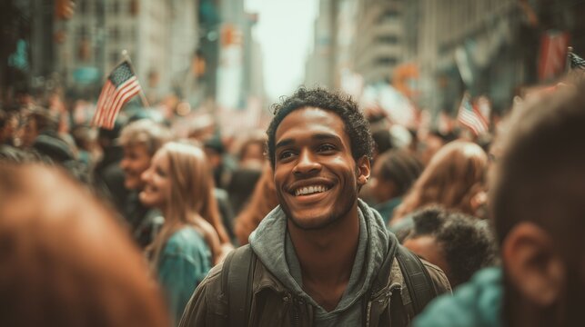 Portrait of a happy male in a busy city street during a festive national event. Concept of urban lifestyle, tourism, and community celebration.