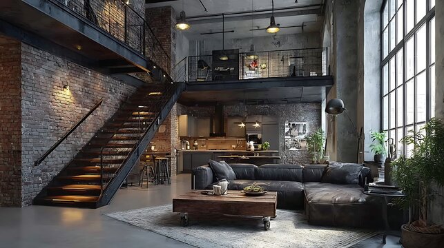 Industrial loft apartment with exposed brick walls and metal staircases