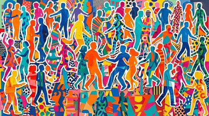 Obraz premium Colorful Silhouettes of People Dancing and Socializing in a Crowd