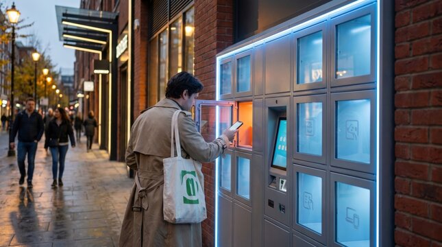 Man using smartphone application to retrieve package from smart automated delivery locker on city street