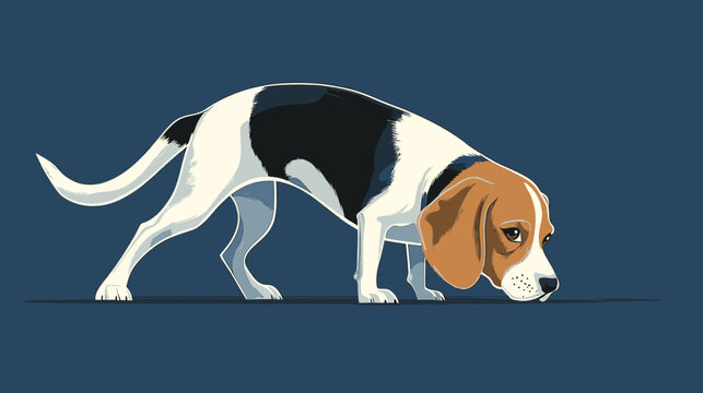 Digital illustration of a sad beagle dog sniffing ground on a dark blue background