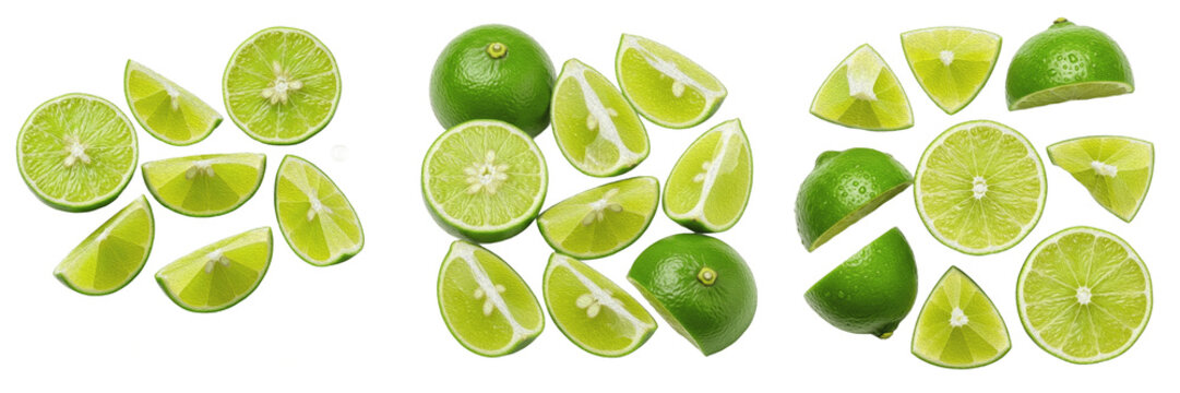 Fresh Green Lime Slices and Halves for Refreshing Citrus Drink and Culinary Garnish Visuals Isolated on Transparent White Background PNG Set