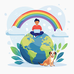 Fototapeta premium Person and Dog on Earth with Rainbow and Laptop