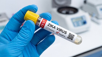 Naklejka premium Laboratory Test Tube with Zika Virus Label in Gloved Hand