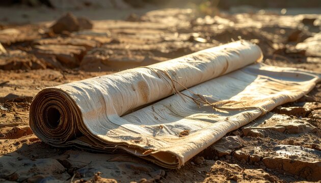 Rolled Animal Hide Bundle Tied With Natural Fiber on Arid Ground
