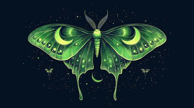 Bright green moth with crescent moon patterns on wings, starry night