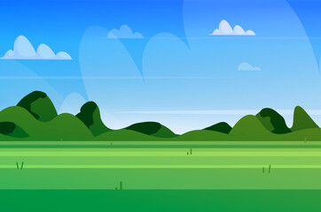A natural landscape. Summer countryside scene with open meadows, vivid greenery, and a clear sky with clouds. Vector Not AI generated ©  HourGlass