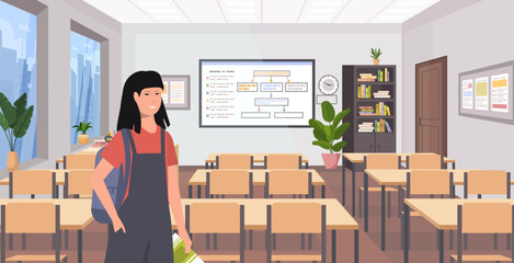 Modern classroom interior. A student with a backpack and books stands ready to learn. Illustration symbolizing education, study, and back to school season. Vector Not AI generated. ©  HourGlass