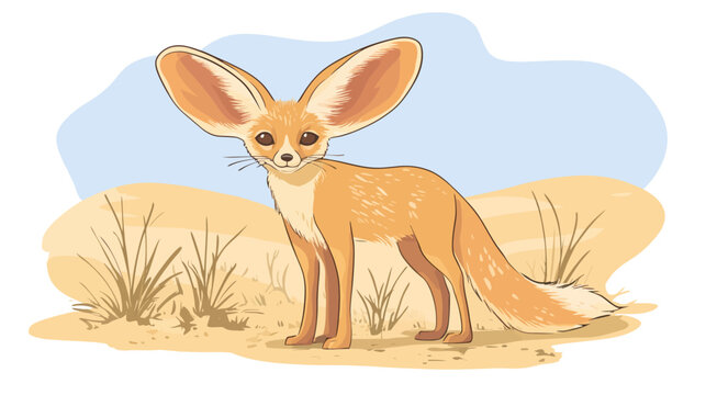 Cartoon fennec fox standing in desert landscape with sparse grass