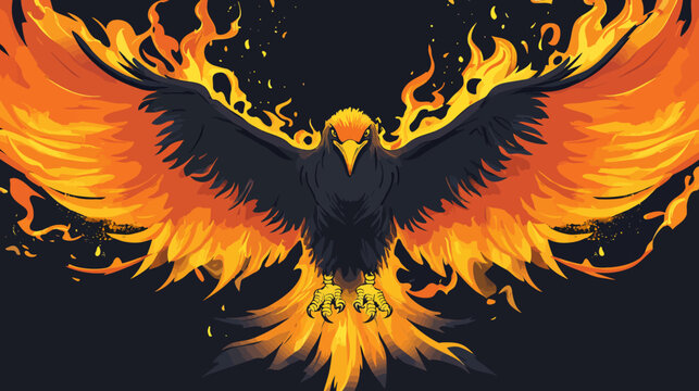 Fiery phoenix with outstretched wings soaring amid flames on dark background