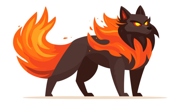 Fierce mythical creature with black fox body and fiery tail