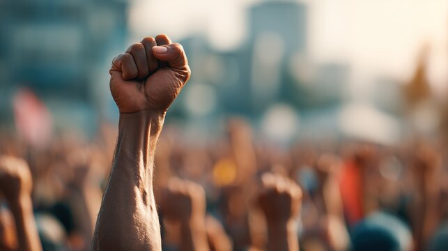 A dark-skinned fist raised high above a blurred crowd in the city. Conceptual symbol of resistance, social justice, and the fight for human rights.