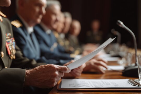 Close-up of military officers in formal uniforms holding papers at a conference table. Conceptualizing strategic planning, national security, and military command decisions.