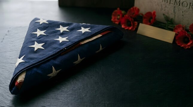 Folded American flag rests beside vibrant red poppies and a gravestone marker honoring remembrance