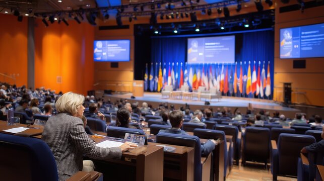 A woman sits in a large auditorium during a global meeting with flags and screens on stage. Concept of international diplomacy, cooperation, and political summit.