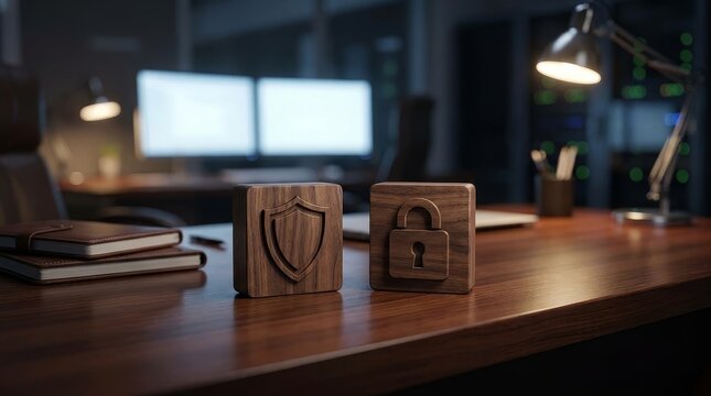 Wooden shield and lock icons represent cybersecurity on a desk