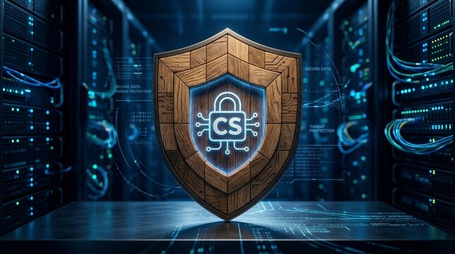 Wooden shield with digital lock protecting data concept