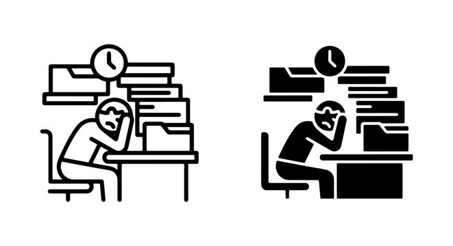 Overwhelmed Office Worker Icon Set, Stressful Deadline, Time Management, Workload Vector Graphics