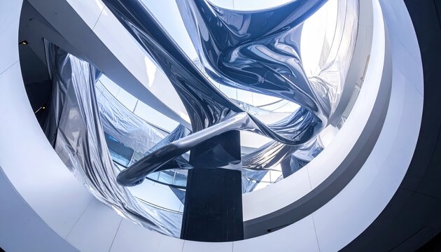 Abstract metallic sculpture with fluid and rigid elements in a modern interior architectural space