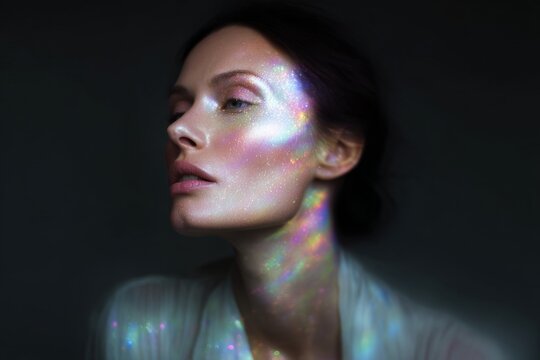 Editorial wide face portrait with multicolor shimmering iridescent glow for beauty banner and fashion background design