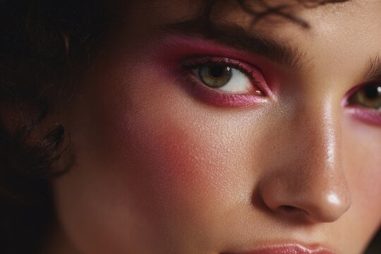 Avant garde half face closeup with neon pink shimmering eyeshadow for beauty poster and bold makeup design