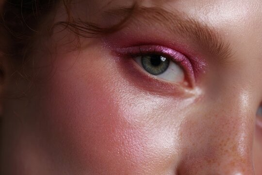 Avant garde closeup half face with neon pink shimmering eyeshadow for fashion editorial and makeup campaign banner