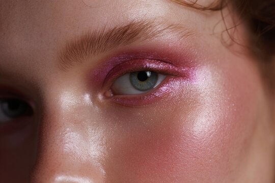 Avant garde half face closeup with neon pink shimmering eyeshadow and glossy skin for beauty editorial and fashion design