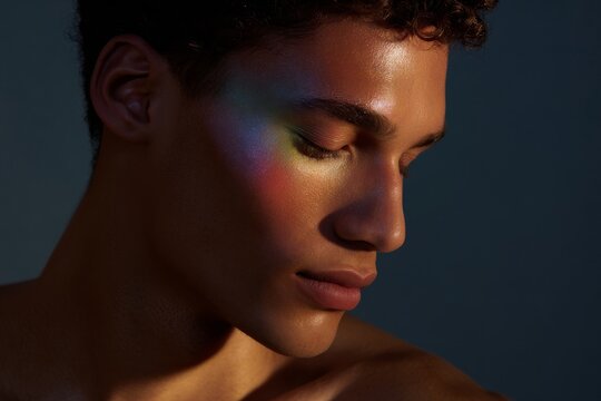 Medium closeup portrait with iridescent rainbow highlight across cheek and temple for fashion beauty banner and editorial background