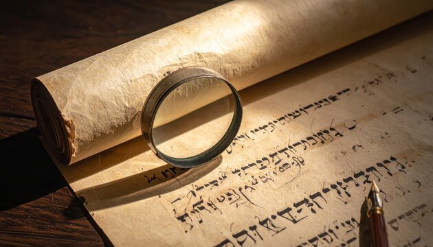 Close-up on aged Hebrew vellum parchment scroll with magnifying glass, revealing ancient text and calligraphy