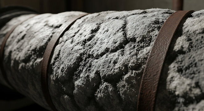 Detailed Closeup of Hazardous Asbestos Insulation on an Industrial Pipe Showing Fibrous Texture and Spicules for Remediation Safety Inspection and Abatement Concepts