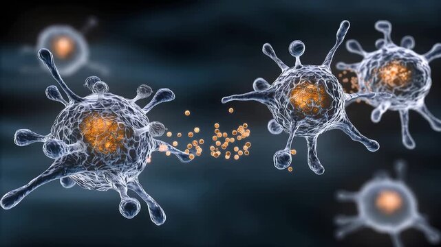 Cells are shown moving and interacting with each other, highlighting their processes and activities in a laboratory environment focused on biology.
