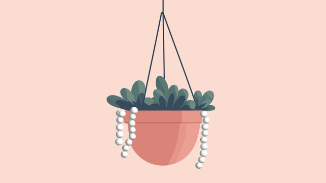 Hanging potted succulent with string beads on pink background