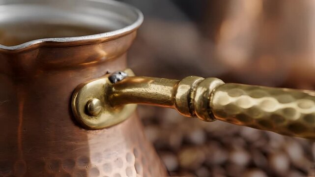 Closeup of a traditional copper Turkish coffee pot with hammered handle and coffee beans.