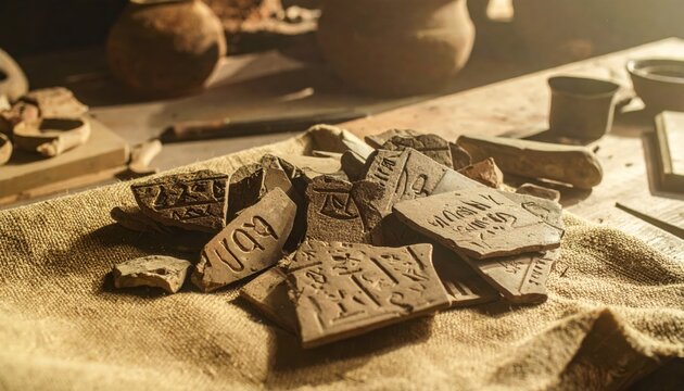 Ancient Egyptian Ostraca Pottery Shards Featuring Demotic Script Scattered on a Surface