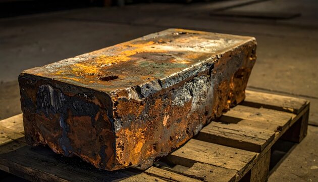 A rough cast iron ingot displaying significant oxidation and pitting, resting on weathered wooden planks.