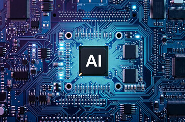 Fototapeta premium Blue circuit board featuring a prominent, centrally located dark gray chip with 