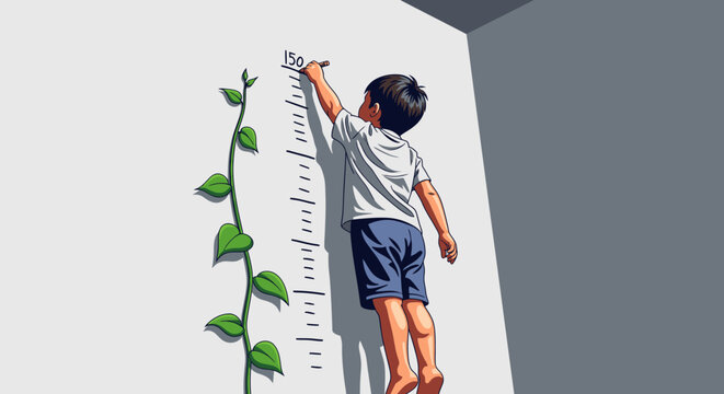 Child's growth journey: Young boy measures his height on a wall chart, next to a growing plant, symbolizing development, progress, and the milestones of childhood.