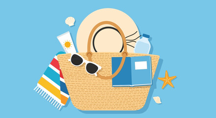 Summer Beach Bag Essentials: Hat, Sunglasses, Sunscreen, Towel, Book, Seashells, Starfish © zakel