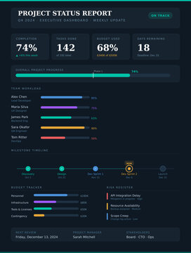 Project Status Dashboard Infographic Template &mdash; Weekly Executive Report with KPI Cards, Team Workload Progress Bars, Milestone Timeline, Budget Tracker and Risk Register for Business Presentations