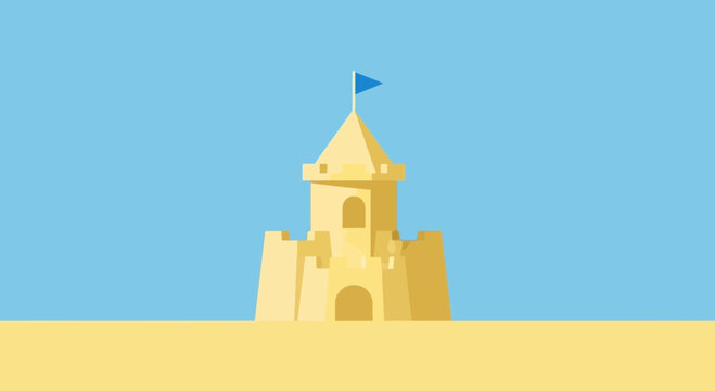 Sandcastle with Blue Flag on Sunny Beach - Flat Design