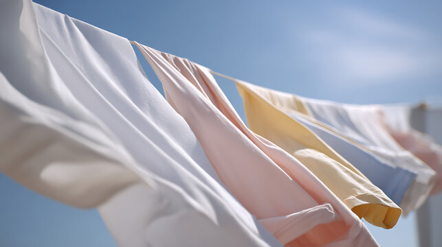 Freshly laundered clothes gently sway on a clothing line under a clear blue sky, basking in bright sunlight during a warm day outdoors