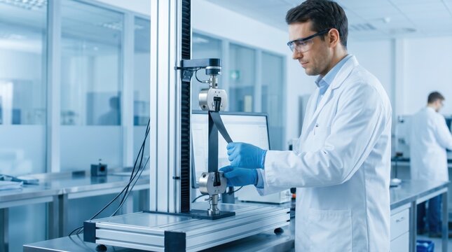 Engineer in a laboratory using a mechanical testing machine to check the tensile strength of a material