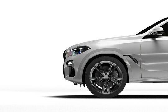 Izmir, Turkey - May 12 2026: 3D render of white modern coupe SUV showing left front three quarter view on transparent background