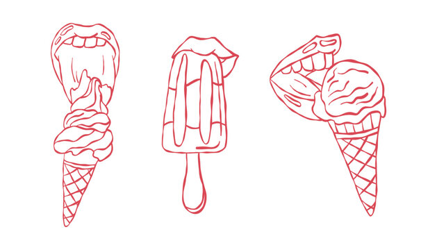 Set lips biting and licking ice cream. Line art mouth eating summer dessert.