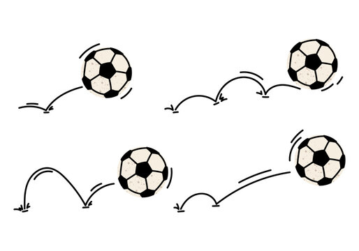 Soccer ball bouncing path sequence. Cartoon football bounce trajectory vector kit isolated on white background.