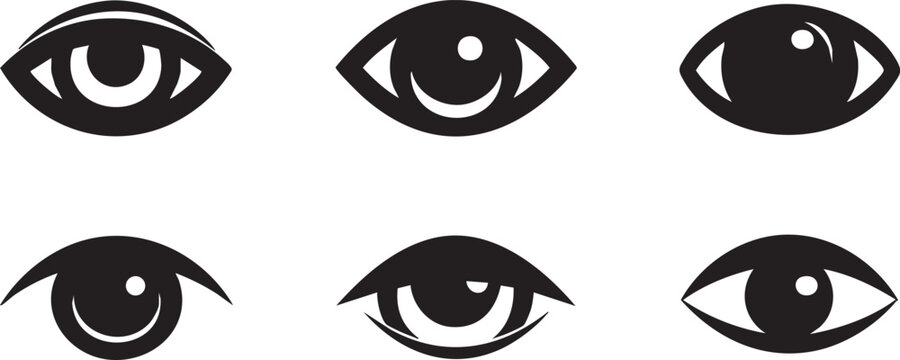 Six distinct black eye icons, each with a unique stylized pupil and iris, are presented in two rows on a clear white background.
