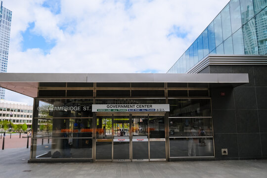 Boston, USA - 14 May 2024. Entrance pavilion for the Government Center MBTA station in Boston. The prominent overhead signage indicates access to the Green Line and Blue Line trains